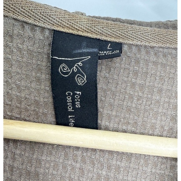 Focus Casual Life Taupe Brown Waffle Hoodie Pockets Size L Coverup Lagen Hippie - Picture 7 of 11